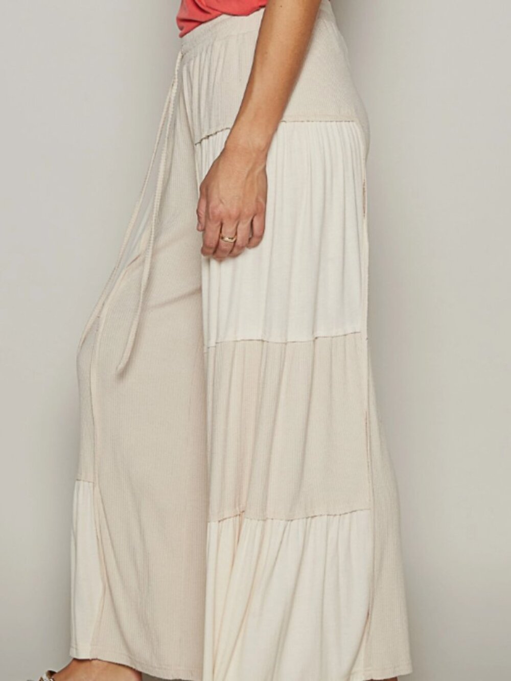 POL Ribbed Contrast Fabric Panels Casual Knit Wide Fit Pants
